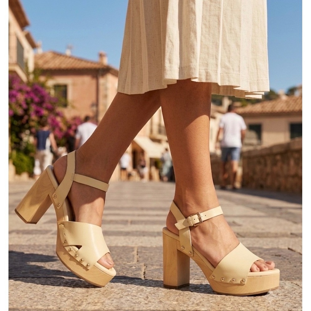 Sarto by Franco Sarto Wally Cream Leather Wood Platform Block Heel Sandals 9